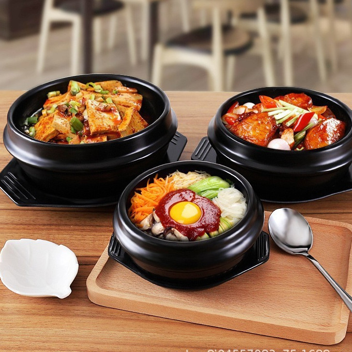 ชามหินเกาหลี พร้อมถาดรอง หม้อดินเผา หม้อหินเกาหลี สำหรับทำอาหารเกาหลี บิบิมบับ ต้มมาม่า ตั้งบนเตาแก๊สได้