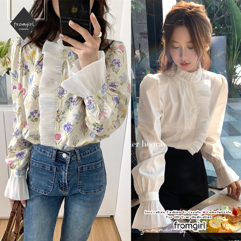 เสื้อเชิ้ตแขนยาว คอสูง พิมพ์ลายดอกไม้ แฟชั่นโรแมนติก สไตล์เกาหลี และฝรั่งเศส เหมาะกับฤดูร้อน สําหรับผู้หญิง