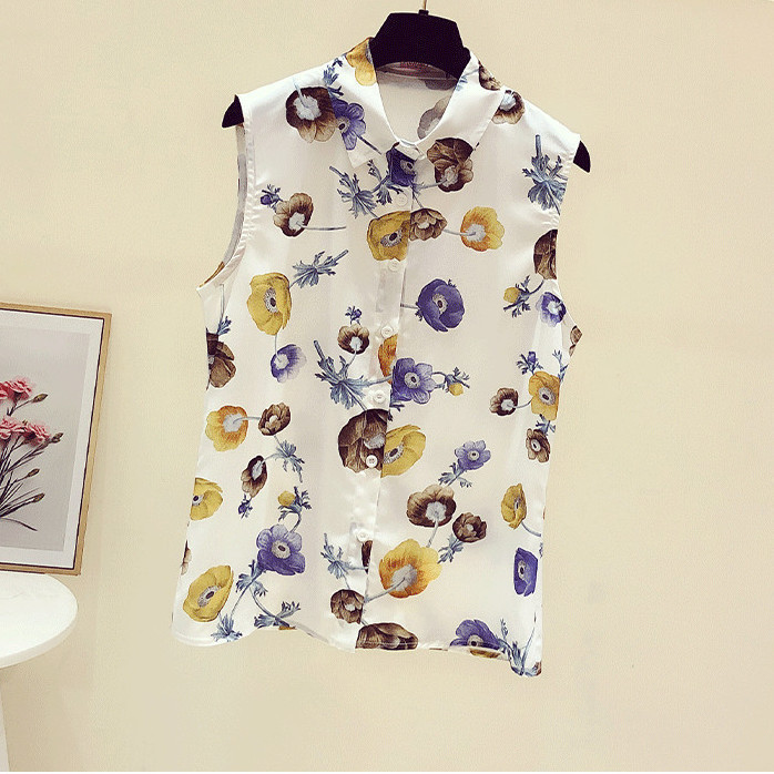 เสื้อเชิ้ตแขนกุด ผ้าชีฟอง พิมพ์ลายดอกไม้ สไตล์ตะวันตก แฟชั่นฤดูร้อน สําหรับผู้หญิง