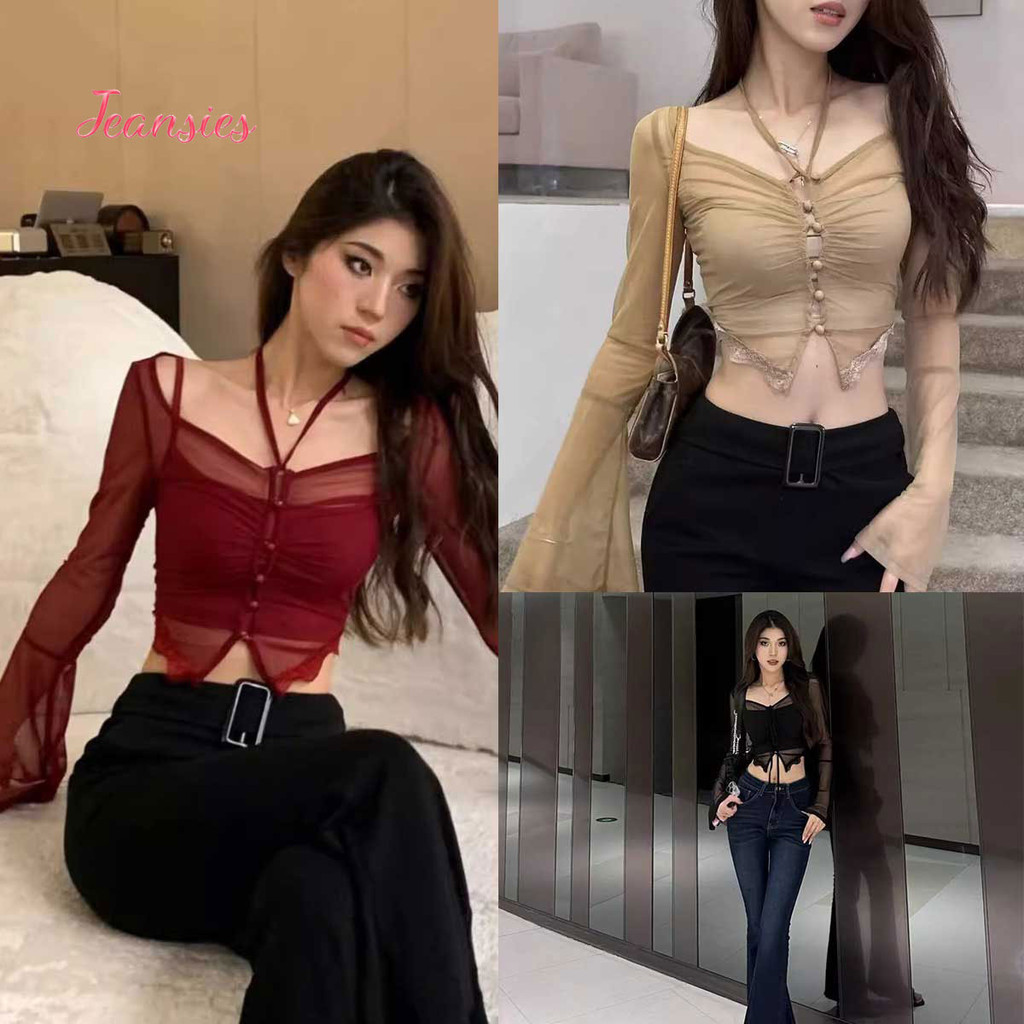 เสื้อครอปซีทรูเเขนยาว ดีเทลแขนกระดิ่ง สไตล์สาวเวียดนาม