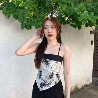 Aurora 🛒พร้อมส่ง🚚 (รูปถ่ายจากงานจริง) เสื้อสายเดี่ยว มีฟองน้ำ ลายใบไม้ สม็อคหลัง สีขาวดำครีม ดีเทลชาย ดูแพง bratop2280