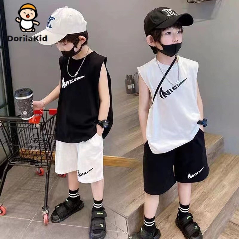 Dorila ฤดูร้อน 2024 เด็กใหม่ 2 ชิ้น (ด้านบน + กางเกงขาสั้น) แฟชั่นเสื้อผ้าลําลองสําหรับเด็กชาย 2-14 ปีวัยรุ่นเสื้อยืดแขนกุดชุดกางเกงทรงหลวมหล่อ