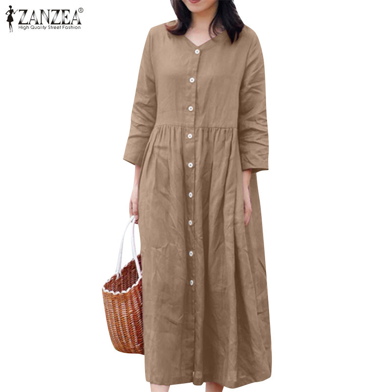 Zanzea ชุดเดรส คอกลม แขนสามส่วน ลําลอง ทรงหลวม สไตล์เกาหลี สําหรับผู้หญิง