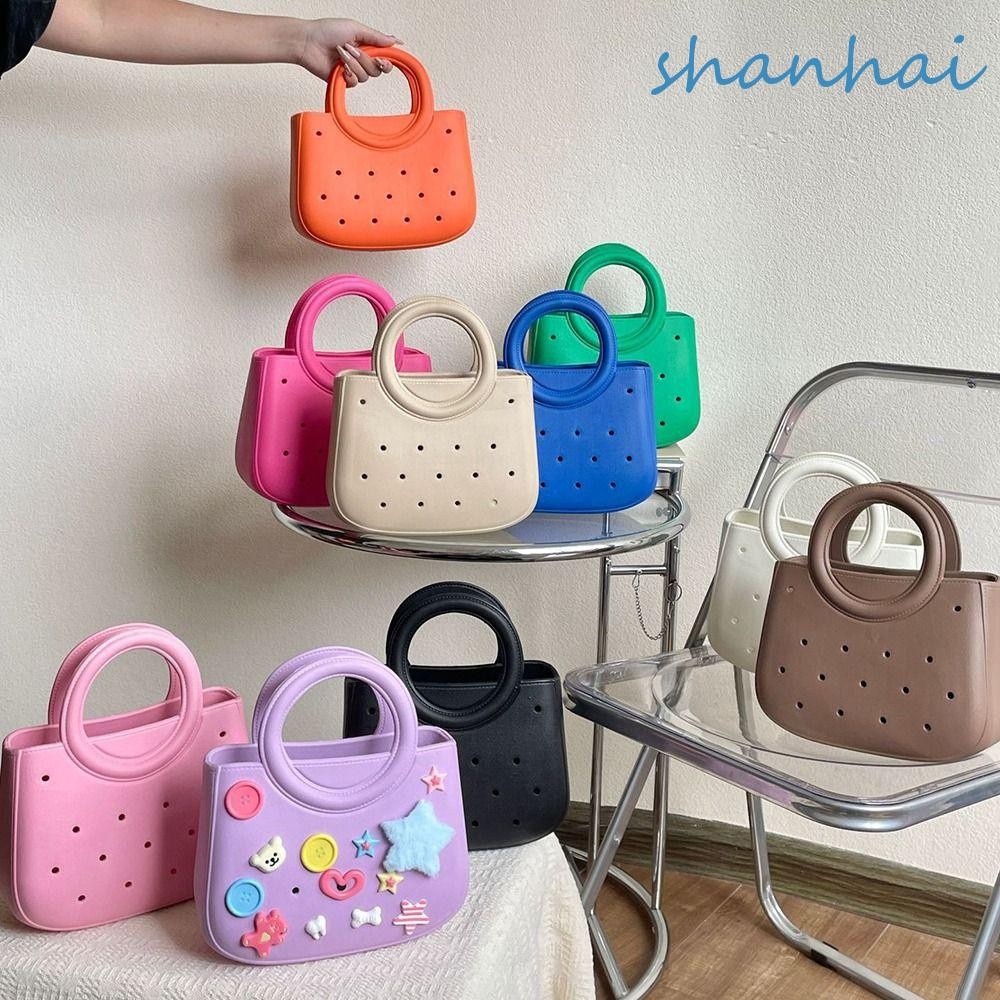 Shanhai กระเป๋าชายหาดฤดูร้อน,กระเป๋าถือ EVA สีแคนดี้กันน้ําพร้อมรู,กระเป๋าเก็บแฟชั่นสันทนาการขนาดใหญ่ความจุทรายยาง Tote Bag Travel