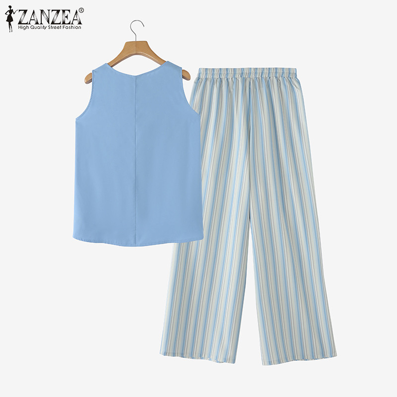 ZANZEA ซานเซีย ผู้หญิงเกาหลีแขนกุดยืดหยุ่นเอวกระเป๋าลายขากว้างชุดสองชิ้น