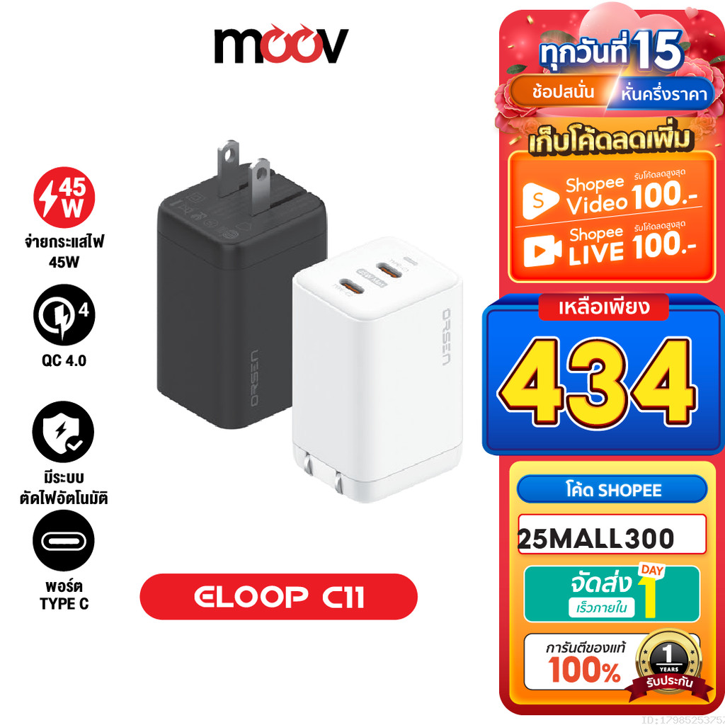 [434บ. ลดโหด] Eloop C11 หัวชาร์จเร็ว 2 พอร์ต Type C PD 45W GaN QC 4.0 Adapter ชาร์จไว Notebook | แท้ 100%