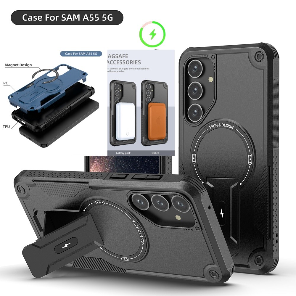 Magnetic Armor Grade Kickstand เคสสําหรับ Samsung Galaxy A56 A55 A54 A35 A25 A16 A15 A14 S25 S24 Ultra Plus ไร้สายชาร์จฝาครอบ Shell
