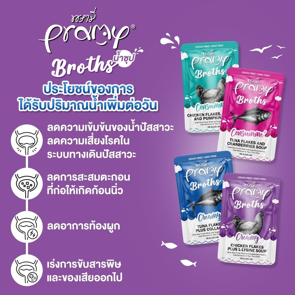 Pramy Broths พรามี่ (1ซอง)น้ำซุปแมว ซุปครีม ซุปใส เพิ่มการทานน้ำให้แมว ขนาด 40 กรัม