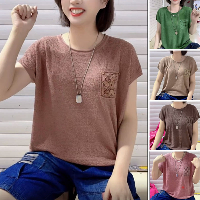 ใหม่ถักเสื้อผู้หญิงเกาหลีแฟชั่นธรรมดาแขนสั้นโครเชต์ด้านบนเสื้อยืด