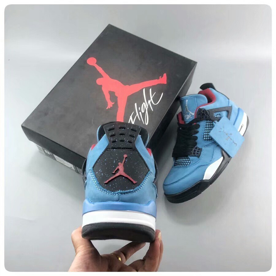 100% Original Nike Air Jordan 4 x Travis Scott AJ4 หนังกลับสีน้ำเงิน Houston Oilers 308497-406 การเ