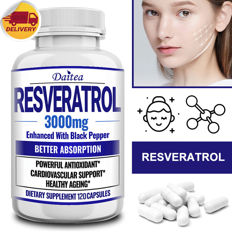 Resveratrol อาหารเสริม 3000 มก. รองรับระบบหัวใจ เซลล์ผิว และระบบภูมิคุ้มกัน 120 แคปซูล