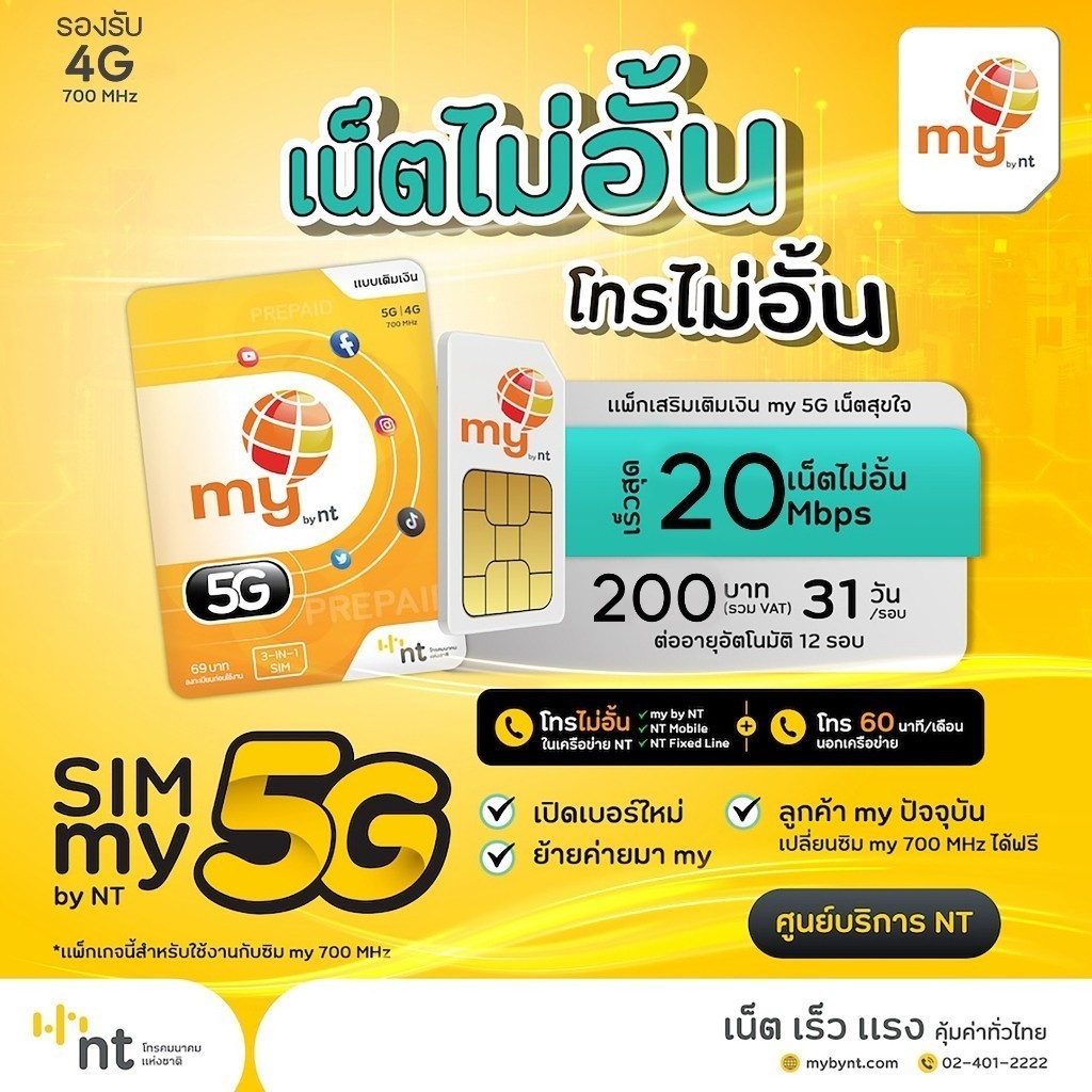 (ซิมเทพNT) เน็ตMY NT เน็ตไม่อั้น ไม่ลดสปีด 20Mbps 30Mbps ต่อได้นาน 12เดือน รองรับ 5G 4G 3G
