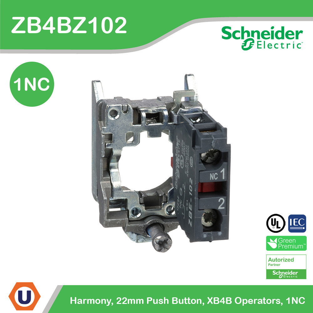 Schneider ZB4BZ102 Single contact block with body/fixing collar, metal, screw clamp terminal, 1 NC (