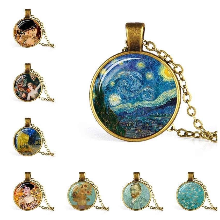 เครื่องประดับวินเทจ Van Gogh Starry Night Gustav Klimt The Kiss Art ภาพวาดแก้ว Cabochon จี้ Choker สร้อยคอผู้หญิง