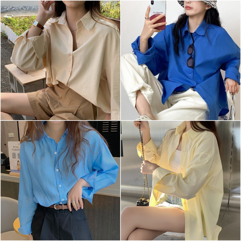Chic  พร้อมส่ง  เสื้อเชิ้ตแขนยาว ฟรีไซต์ สีพื้นพลาสเทล   ปลายแขนแต่งกระดุม