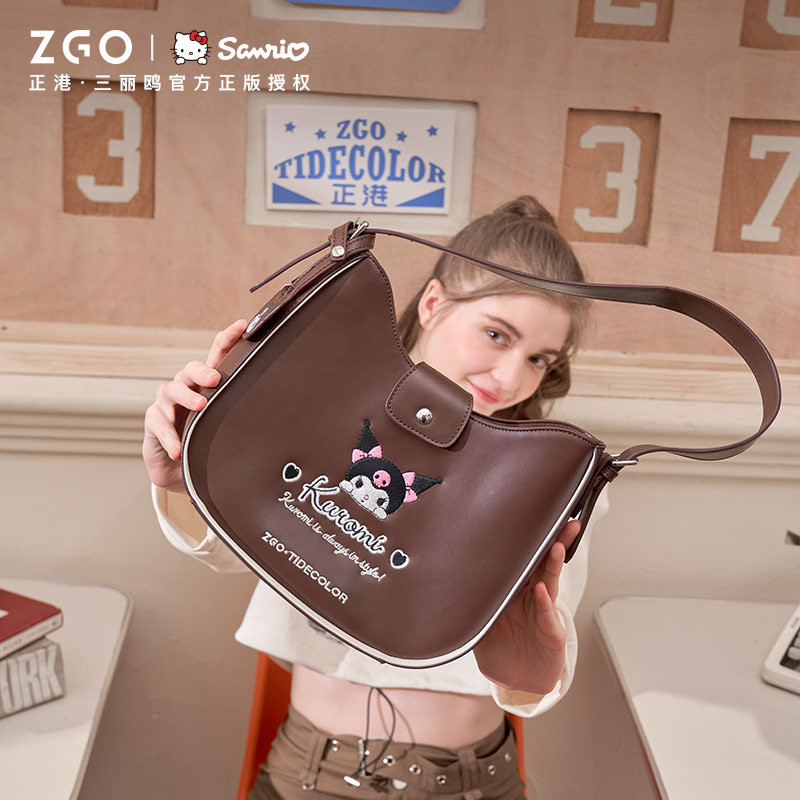 ZGO Joint Sanrio Kuromi กระเป๋าสะพายไหล่ ทรงโท้ท สีน้ําตาล สําหรับสตรี 25010L