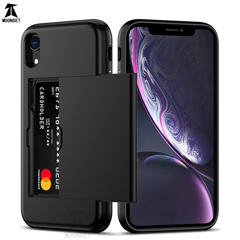 สําหรับ iphone X / Xs Max / XR เคส กระเป๋าสตางค์ ช่องใส่บัตร ID บานเลื่อน ประตู กระเป๋าซ่อน ป้องกันรอยขีดข่วน สองชั้น ป้องกัน เปลือกแข็ง TPU กันชน