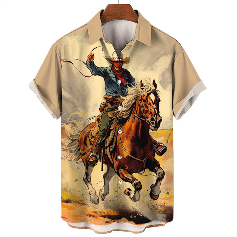 ใหม่ล่าสุด เสื้อเชิ้ตแขนสั้น คอปก พิมพ์ลายคาวบอย 3D สไตล์วินเทจ ฮาวาย สตรีท สําหรับผู้ชาย