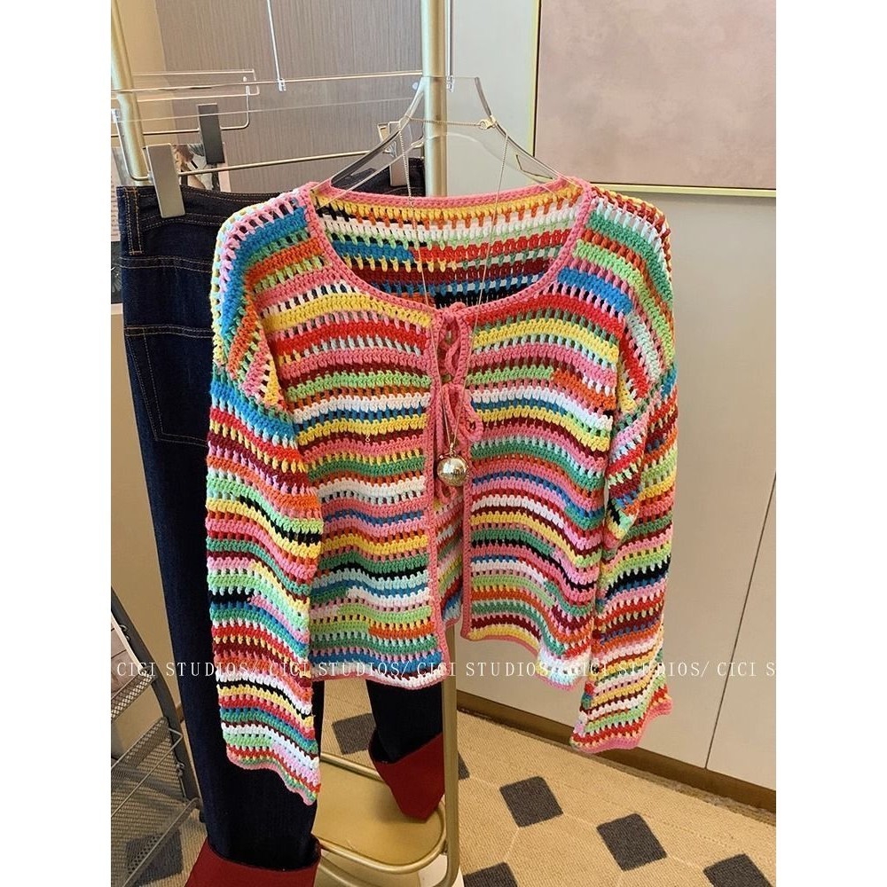 เสื้อกันหนาว ผ้าถัก ลายทาง สีรุ้ง สไตล์เกาหลี แฟชั่นฤดูใบไม้ร่วง สําหรับผู้หญิง