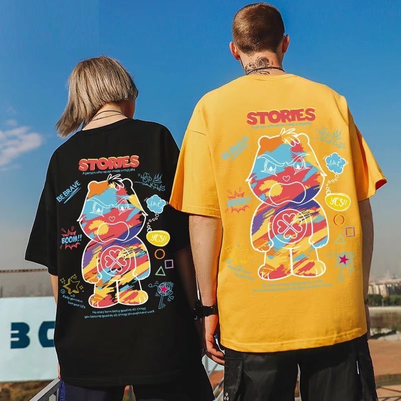 M-8XL สร้างสรรค์แฟชั่น Instagram Graffiti Bear เสื้อยืดแขนสั้นสําหรับผู้ชายและผู้หญิงฤดูร้อนหลวมเสื้อยืดอเนกประสงค์เสื้อยืดคู่