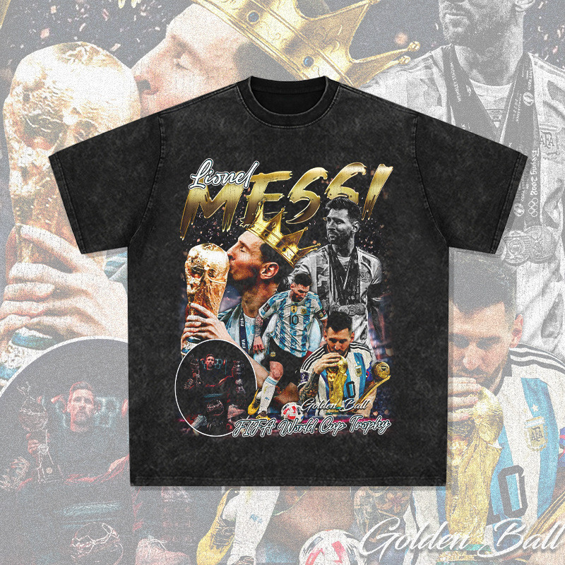 [Yootaaa] เสื้อยืดแขนสั้น ผ้าฝ้าย ทรงหลวม ลาย World Cup champion Messi สไตล์ฮิปฮอป แฟชั่นวินเทจ 2024