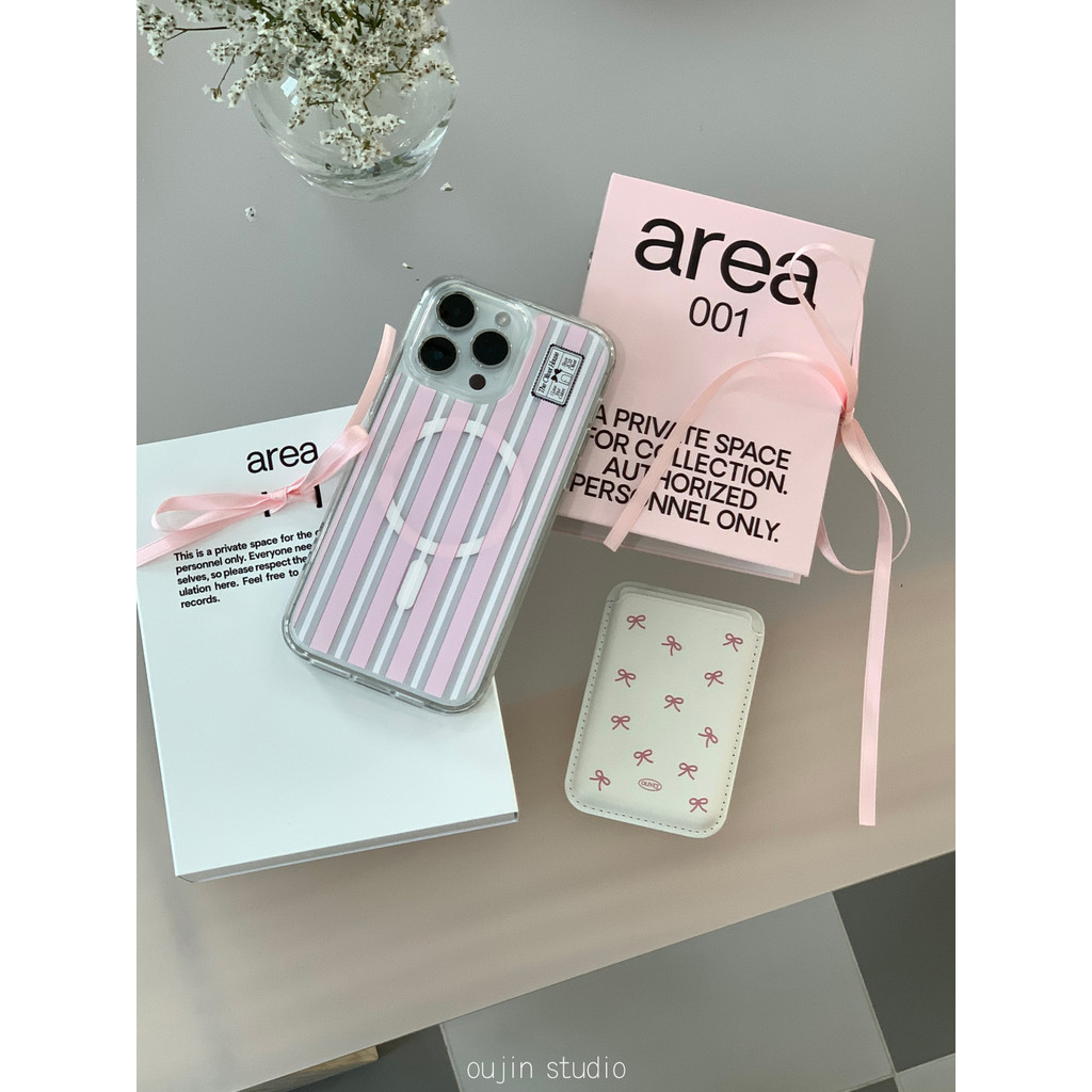 เคสโทรศัพท์มือถือหนังแข็ง แบบใส แถบสีชมพู พร้อมช่องใส่บัตร แถบแม่เหล็กไร้สาย สไตล์เกาหลี สําหรับ 15 14promax 13pro 12 11