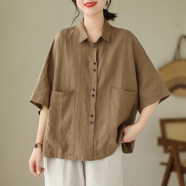 เสื้อเชิ้ตลําลอง ผ้าฝ้าย 100% แขนสั้น คอปก มีกระเป๋า ขนาดใหญ่ สไตล์เรโทร สําหรับสตรี R6OB