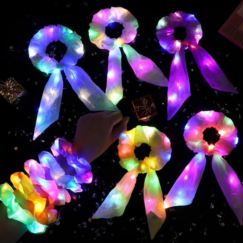 ยางมัดผมหางม้า ผ้าพันคอ ผ้านีออน มีไฟ Led เรืองแสงในที่มืด 1 ชิ้น