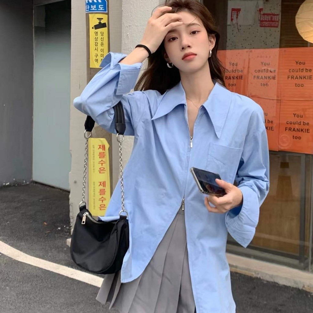 เสื้อแขนยาว เสื้อเชิ้ตผู้หญิง สีพื้น สวมใส่สบาย มีทั้งหมด2สี  สไตล์เกาหลี เสื้อมินิมอล