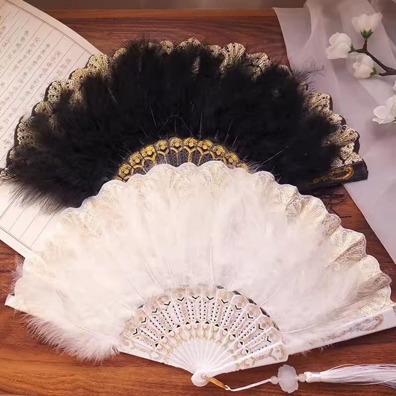 พัดขนนกประดิษฐ์ แบบพับได้ สไตล์จีน คลาสสิก อุปกรณ์ประกอบฉากถ่ายภาพ พัดของขวัญ - รูปที่ 4