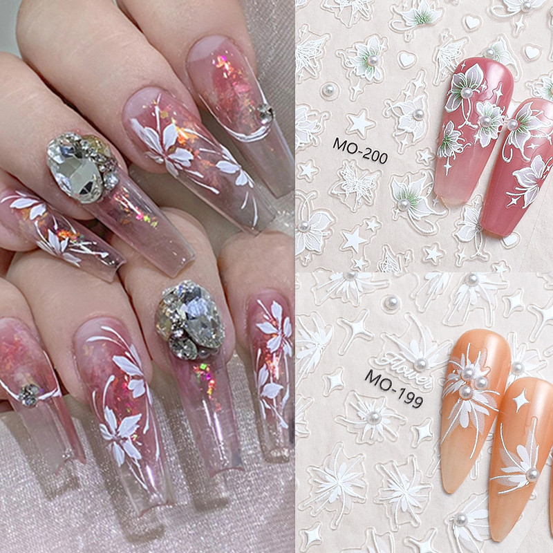 Ur SUGAR สติกเกอร์ตกแต่งเล็บ ลายดอกไม้ สีขาวมุก มีกาวในตัว DIY