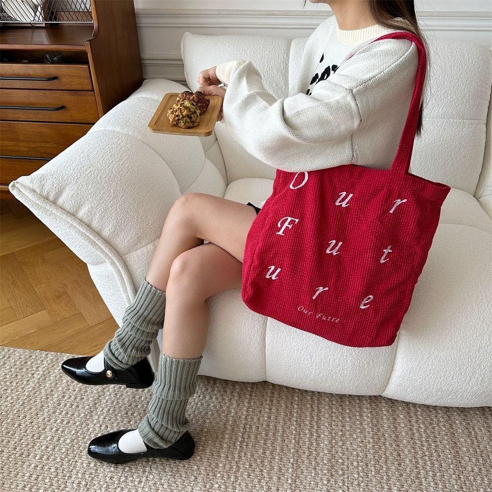 DSLONG กระเป๋าสะพาย, Corduroy ปักกระเป๋าถือความจุขนาดใหญ่, Fashion Letter Shopping Tote Bag Women