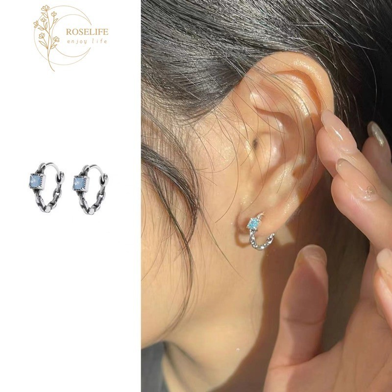 Roselife ต่างหูห่วง เงิน S925 ประดับพลอยเทียม ทรงกลม สีฟ้า แฟชั่น สําหรับผู้หญิง งานหมั้น ปาร์ตี้ เครื่องประดับแฟชั่น