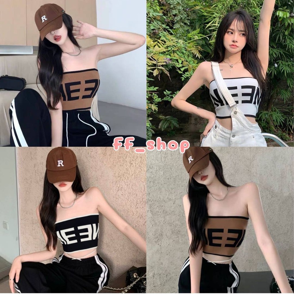 🛒FF.shop🛒เสื้อเกาะอกไหมพรม ลายNEEN รัดรูป มีฟองน้ำในตัว #544