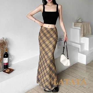 (จัดส่งในกรุงเทพฯ)Latata- กระโปรงยาว เอวสูง ลายสก็อต สไตล์วินเทจ สําหรับผู้หญิง