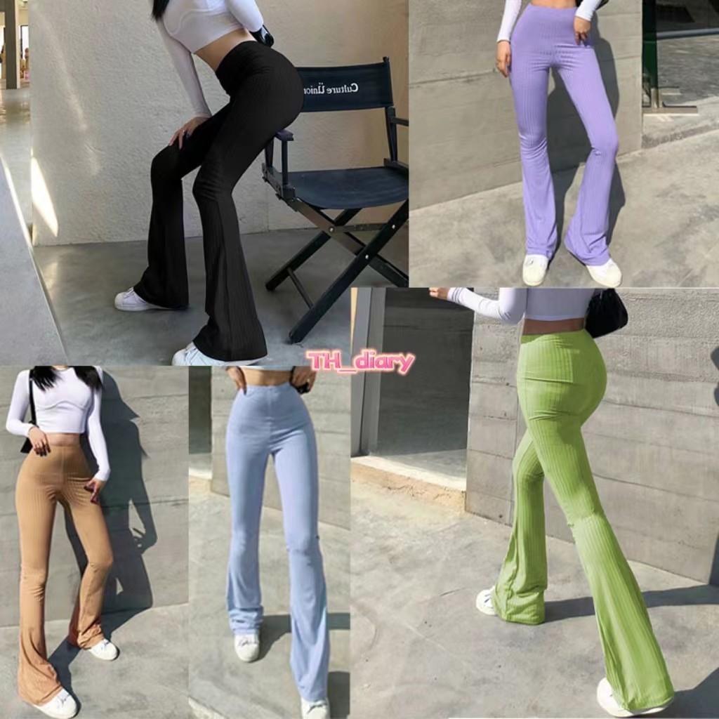 (จัดส่งจากกรุงเทพฯ)แฟชั่นสีทึบเอวสูงกางเกง Bootcut สำหรับผู้หญิงกางเกงขายาวยืดหยุ่นสูงกางเกงลำลอง