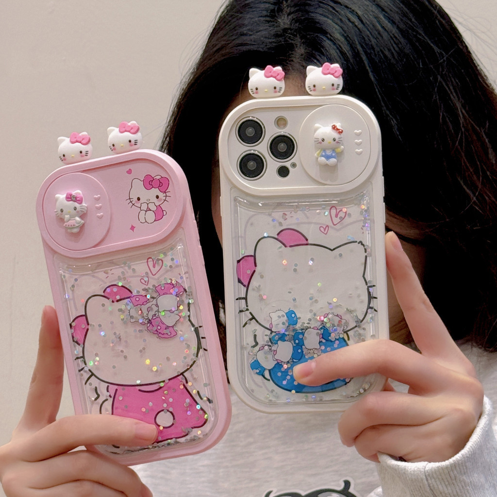 เคสโทรศัพท์มือถือแบบนิ่ม มีทรายไหล กันรอยกล้อง ลายการ์ตูนคิตตี้น่ารัก สําหรับ iphone 15 14 13 12 11 Pro Max XsMax XR X Xs 7 8 Plus