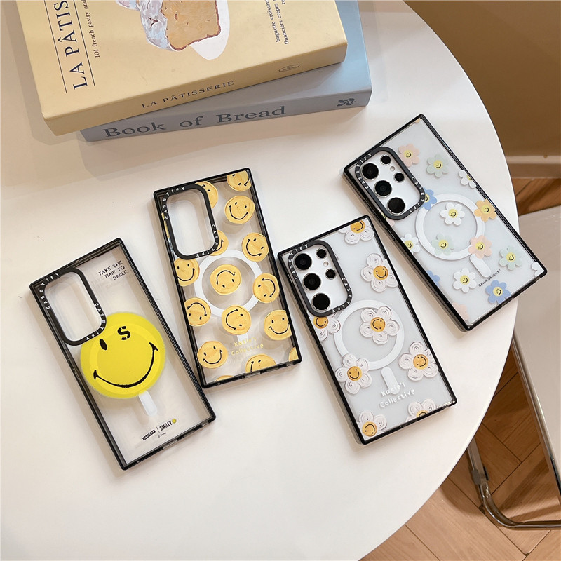 SAMSUNG Casetifyดอกไม้หน้ายิ้มsamsung Galaxy S24 Plus S22 S23 S24 Ultraเคสโทรศัพท์แฟชั่นผลกระทบดูดแม่เหล็กอะคริลิคปลอกกันกระแทกฝาครอบป้องกันโทรศัพท์