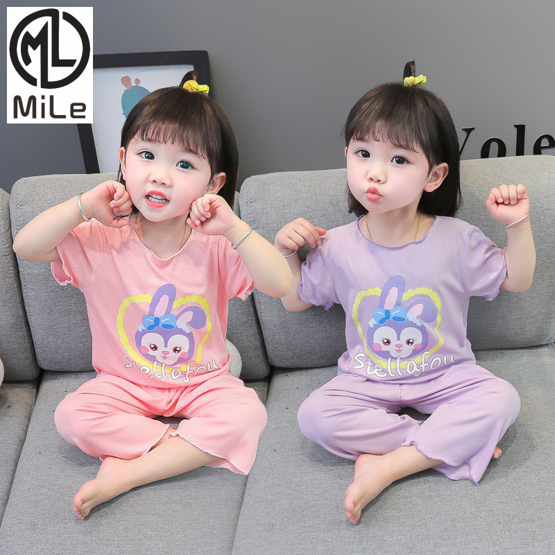 [ML] 80-140 ซม. ฤดูร้อน สไตล์ใหม่ ผ้าเรยอน แบบบาง ระบายอากาศ เด็กผู้หญิง ชุดนอน น่ารัก ดาว ดีลูสูท สองชิ้น ชุดเล็ก กลาง เด็ก