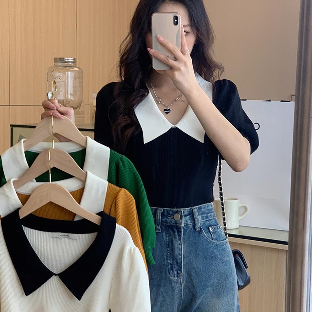 MIMI&DIDI.เสื้อไหมพรม เสื้อกันหนาวผู้หญิง แขนสั้น แขนพอง สีคอนทราสต์ แฟชั่นฤดูร้อน สไตล์เกาหลี#82138