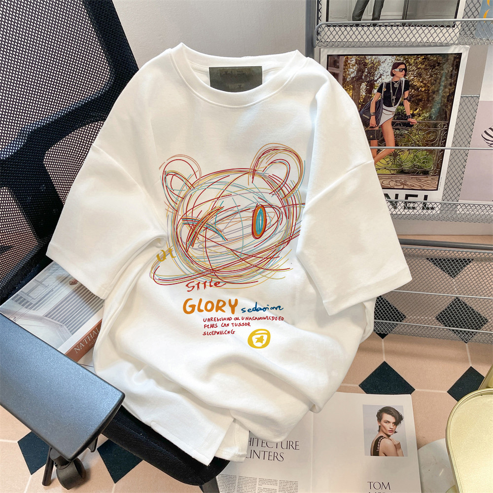 SELVZE（จัดส่งตลอด 24 ชั่วโมง） Printed T-shirt，หมีน้อยน่ารักสีสันพิมพ์เสื้อยืดแขนสั้นหลวม T1379
