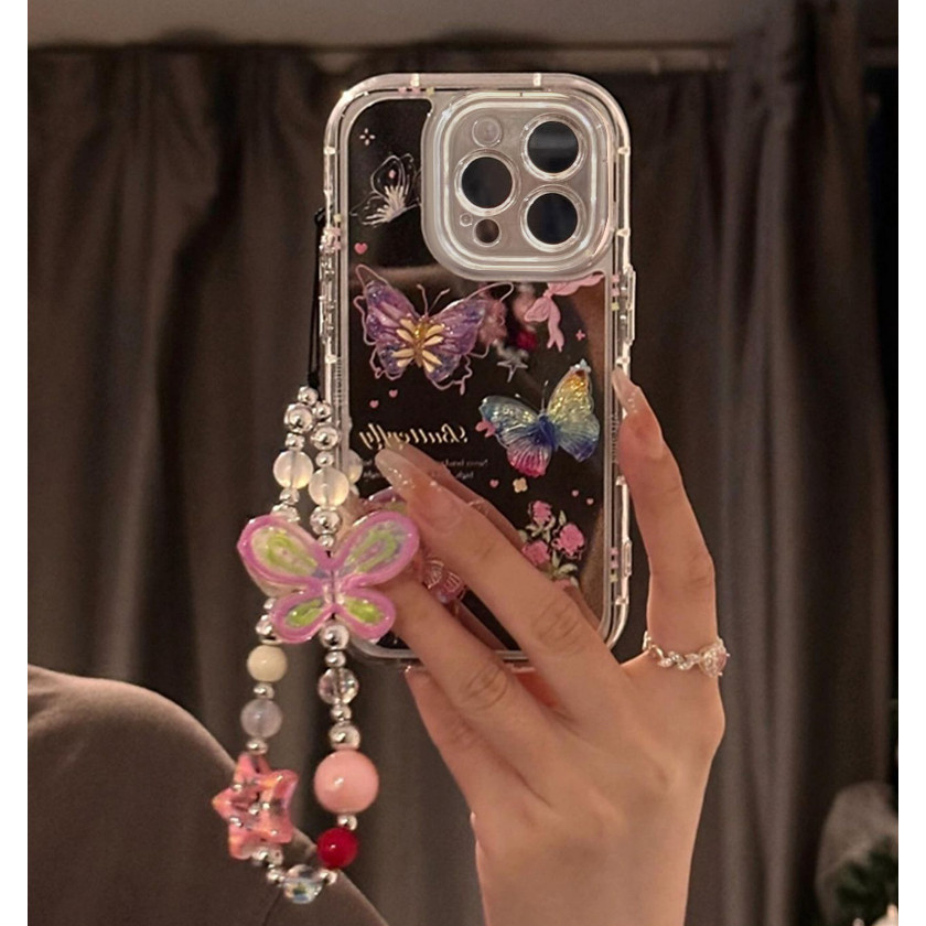 Huiwanju เคสป้องกันโทรศัพท์มือถือซิลิโคน ลายผีเสื้อ มีกระจก สําหรับ Iphone 15promax 14pro 12 14 13pro 11