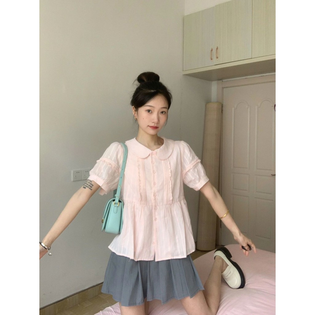 French Sweet Youthful Doll Collar Short Sleeve Shirt for Women Summer Petite Bust Style Pink Blouse Top Trendy - รูปที่ 7