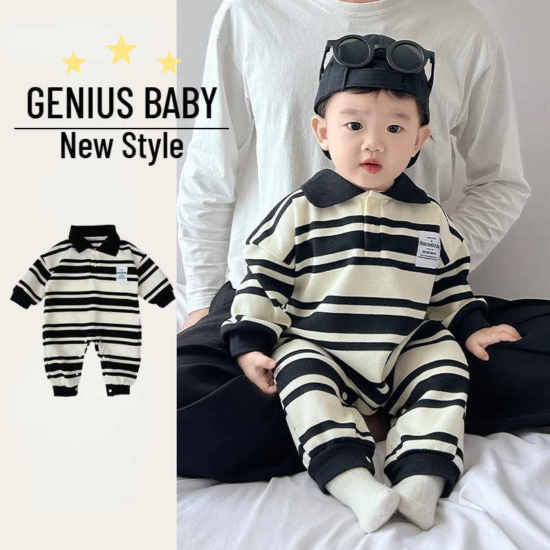 ฤดูใบไม้ผลิและฤดูใบไม้ร่วงใหม่เสื้อผ้าเด็กชายหญิงโปโลแขนยาว ชุด 0-36 เดือนลายเรียบง่ายสุดน่ารักหล่อ ชุดรอมเปอร์ สไตล์เกาหลี