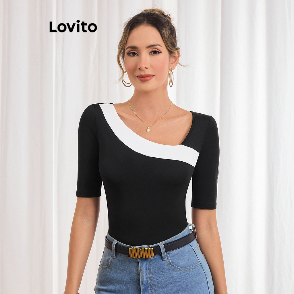 Lovito เสื้อยืดคอปกผูกพันสีตัดกันธรรมดาหรูหราสําหรับผู้หญิง LBL21069