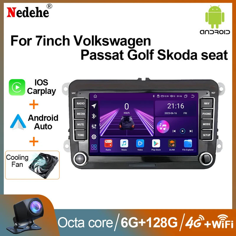 7 "Android 13เครื่องเล่นมัลติมีเดีย CarPlay สำหรับ VW Passat กอล์ฟโปโลที่นั่งอัตโนมัติสเตอริโอ QLED หน้าจอนำทาง GPS WIFI ฟรีกล้องด้านหลัง