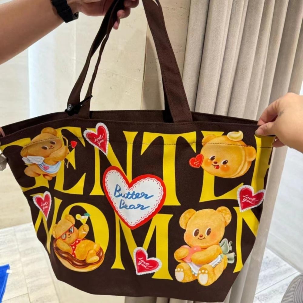 กระเป๋าผ้าแคนวาส REAYA พิมพ์หมีเนยพร้อมกระเป๋าสะพายซิป น่ารัก Commuting ความจุขนาดใหญ่ Tote Bag Women