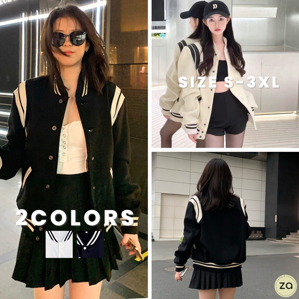 HOT SALE เสื้อแจ็คเก็ตโทนสีขาวดำ กระดุมแป๊ก แต่งลายแถบ 2 สี สไตล์เรียบๆ ผ้าโพลีเอสเตอร์