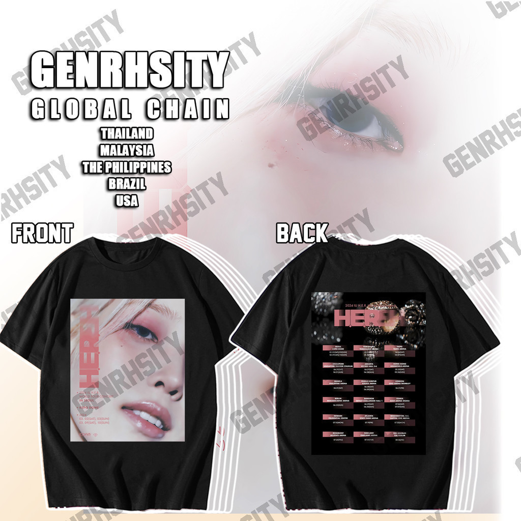 เสื้อยืด IU " 2024 IU H.E.R. World Tour Concert " เสื้อผู้ชาย ผ้าฝ้าย พิมพ์ลาย สีขาว แฟชั่นสไตล์เกาห