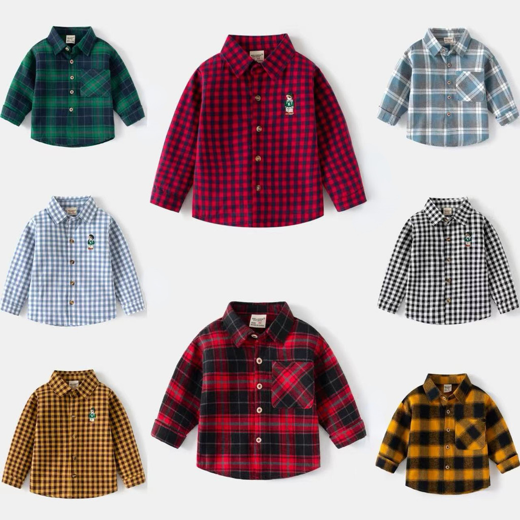 เสื้อเชิ้ตแขนยาว คอปก ผ้าฝ้าย ลายสก๊อต ขนาดเล็ก สวมใส่สบาย แฟชั่นฤดูใบไม้ผลิ สไตล์เกาหลี สําหรับเด็กผู้ชาย